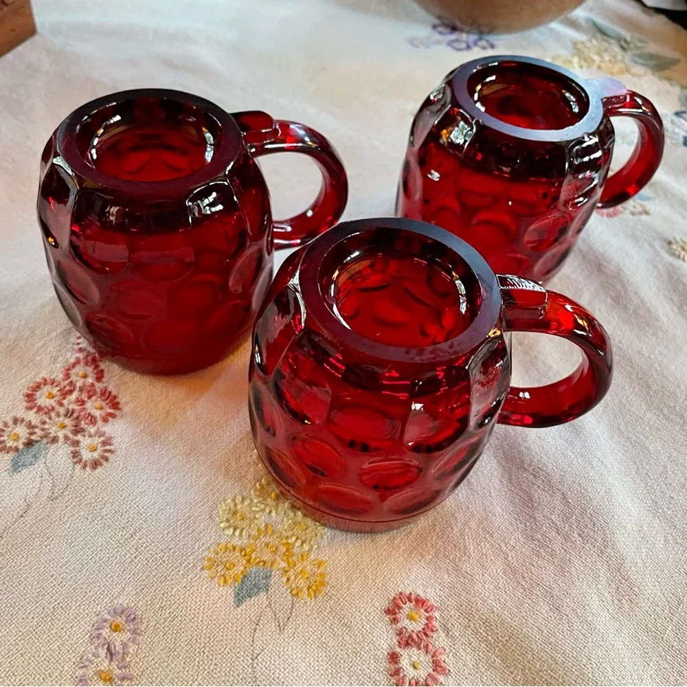 Vintage Ruby Red Mid-century Modern Glass Thumbprint Mugs. Set of 3. 8oz.